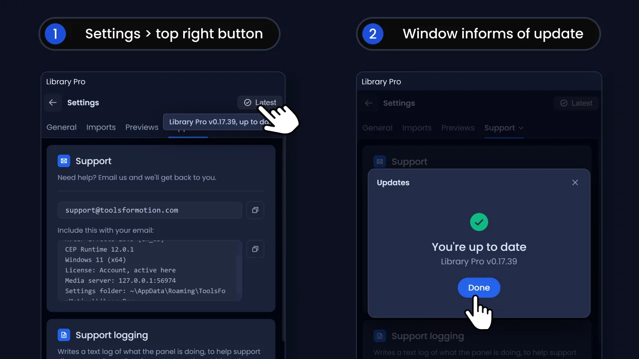 Checking for updates from Settings, and the window confirming the panel is up to date