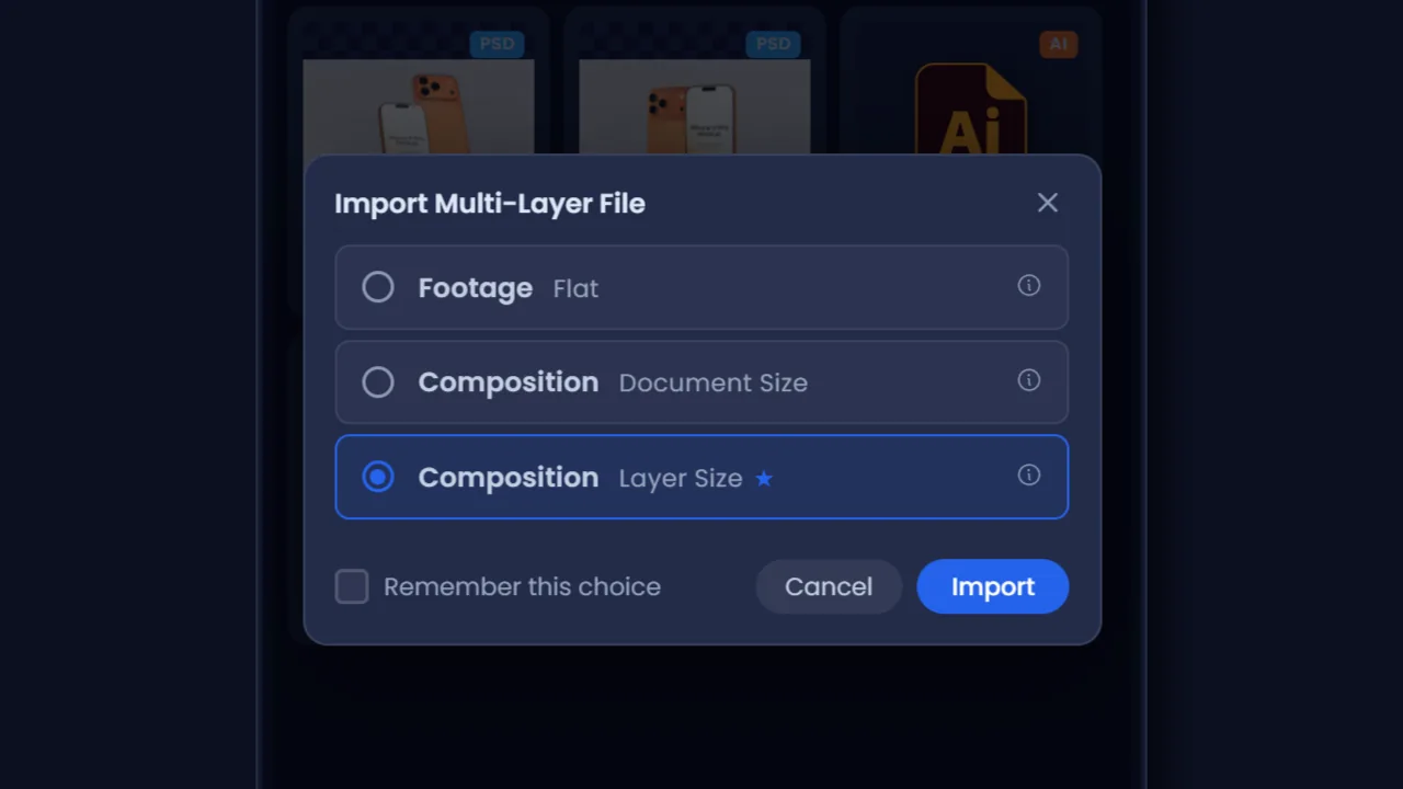 The Import Multi-Layer File window showing the Footage Flat, Composition Document Size and Composition Layer Size choices