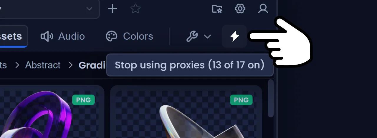 The lightning bolt in the panel toolbar, its tooltip reading Stop using proxies, 13 of 17 on