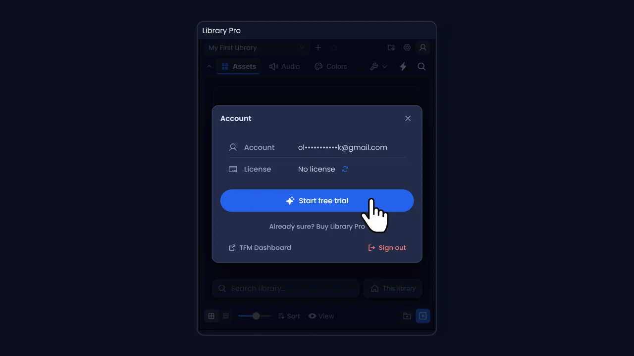 The Account window showing No license, with Start free trial ready to press