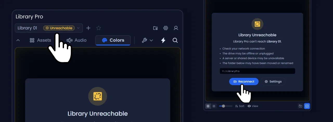 The Unreachable badge beside the library name in the dropdown, and the Library Unreachable card with its Reconnect and Settings buttons